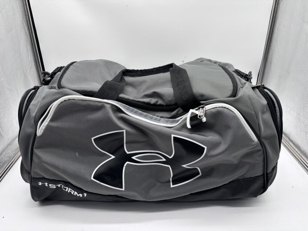 Under Armour Storm Duffel Bag Gym Workout Pockets Shoulder Carry Gray Black